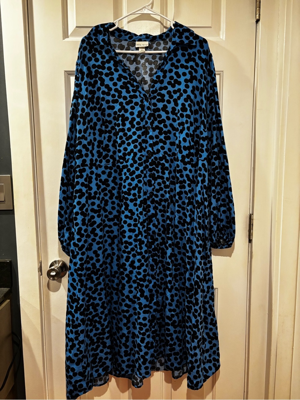 Ava & Viv Blue and Black V-Neck Polka Dot Midi Dress